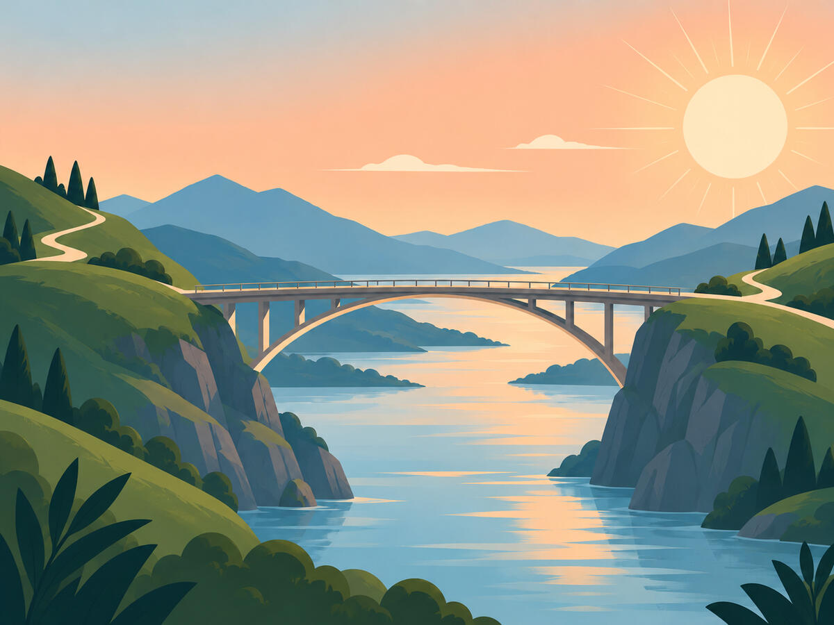 graphic of a bridge connecting two mountains over water to symbolize bridging a leadership gap and supporting progress