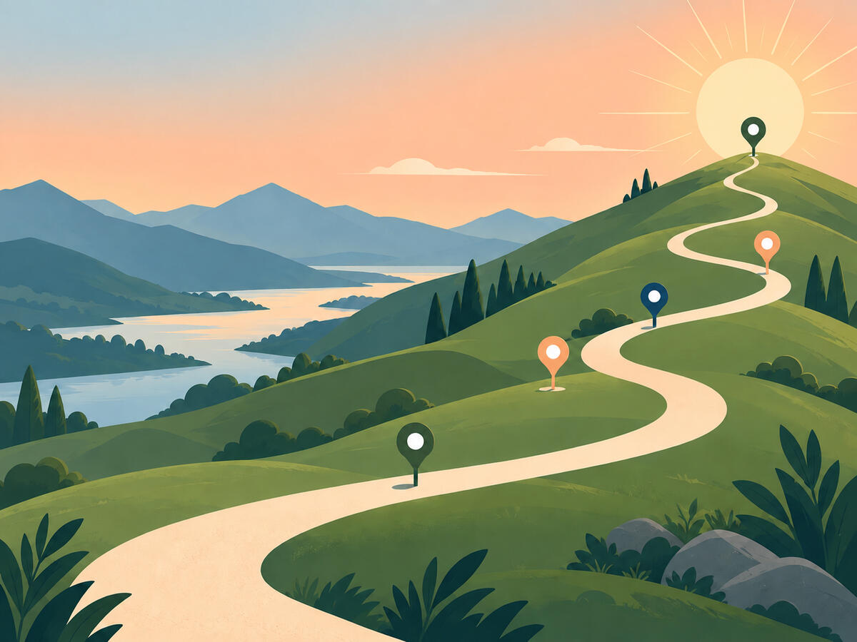 graphic of path going up a mountain toward a sun to symbolize a strategic planning journey